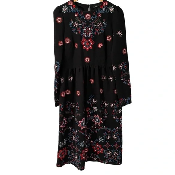 Zara Midi Floral Runways Fav Embroidered Long Sleeves Black Dress M - Picture 5 of 13